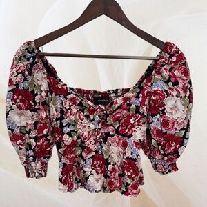 MINKPINK Kind Words Top- Red & Black Floral, Ruched 3/4 Sleeve Blouse